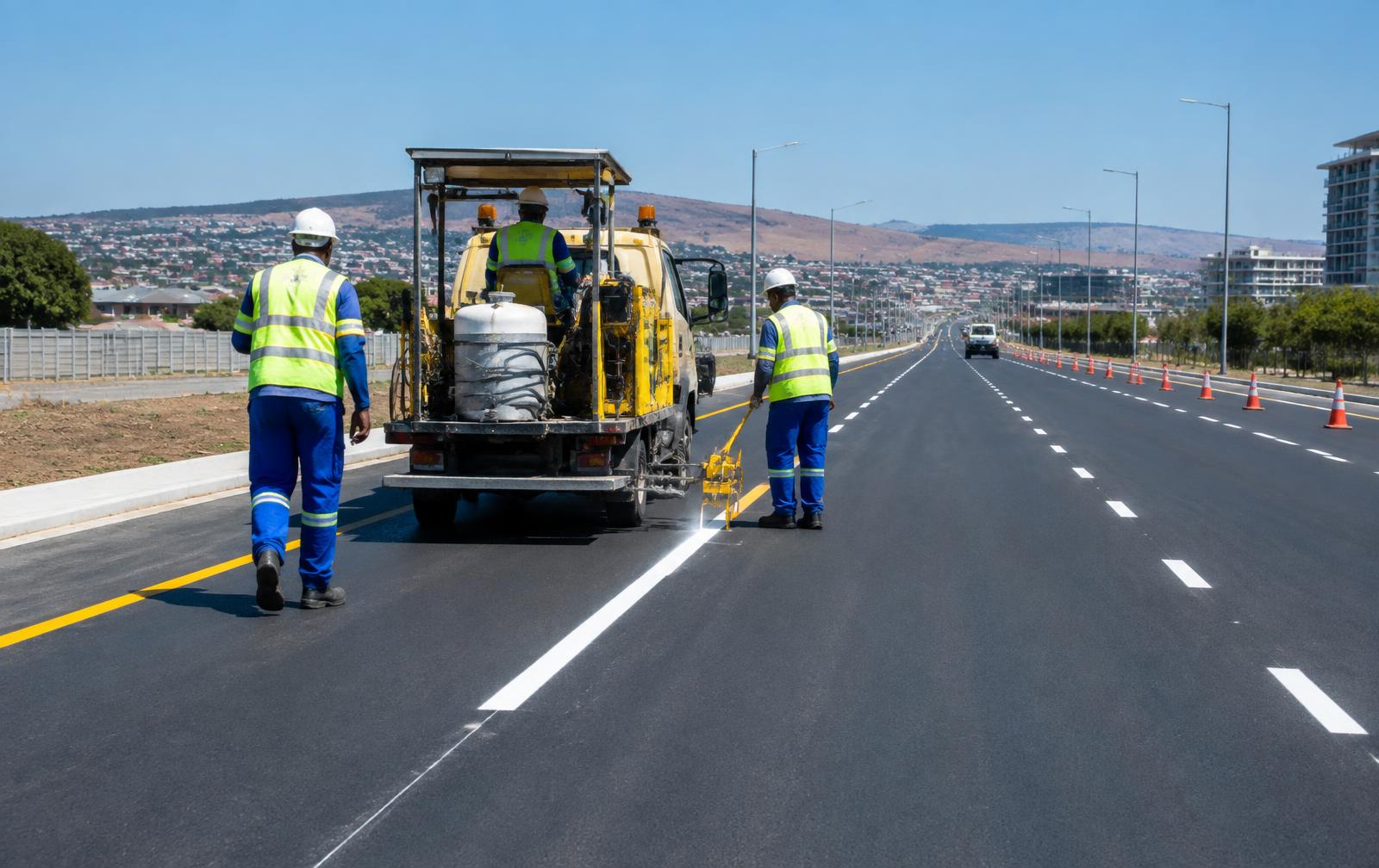 Road-marking crew completing an infrastructure contracting project